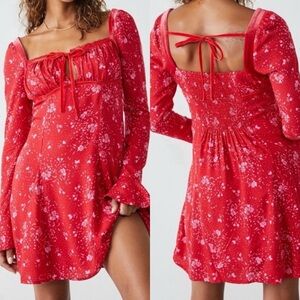 Free People NWT Tess Red Floral Velvet Trim Mini Dress Pop Combo Print Medium